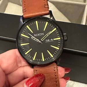 Nixon Black Dial The Sentry Watch with Brown Strap